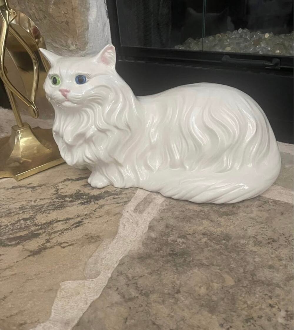 Vintage Life Size White Ceramic Persian Cat Figurine statue Blue Green Eyes